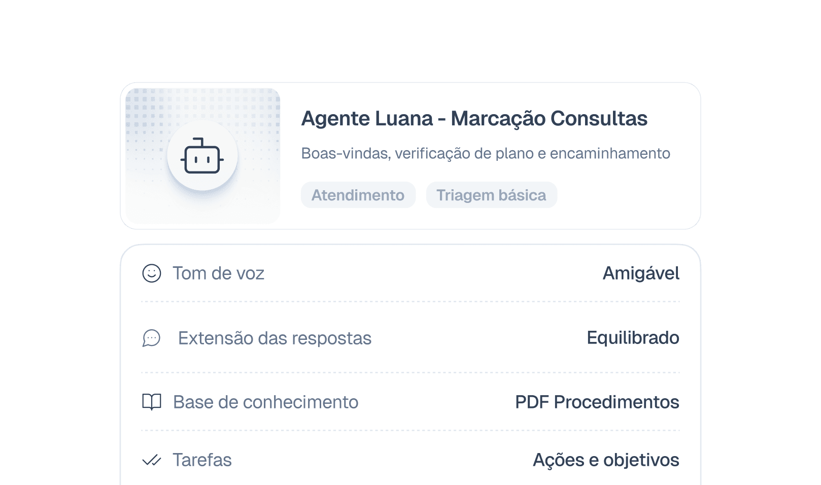 Tela de configuração do agente com tom de voz e base de conhecimento
